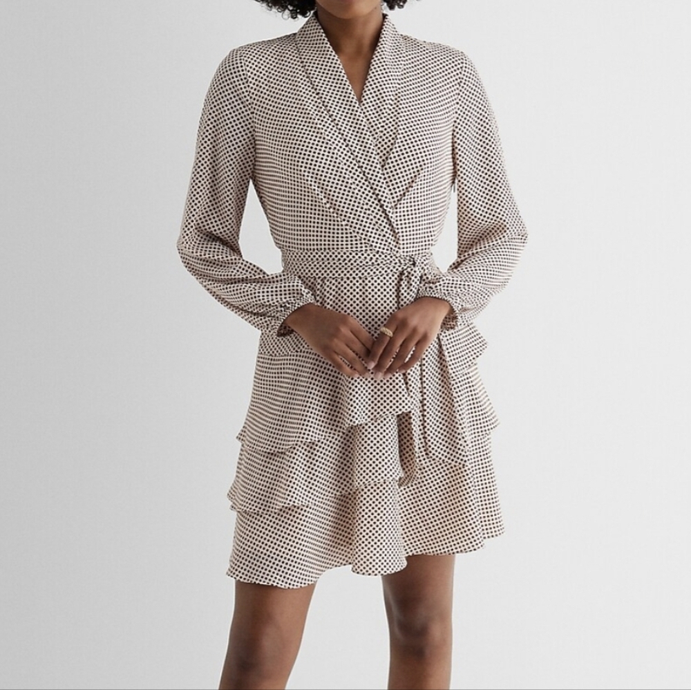 Express Polka Dot Collared Long Sleeve Tie Waist Tiered Mini Dress